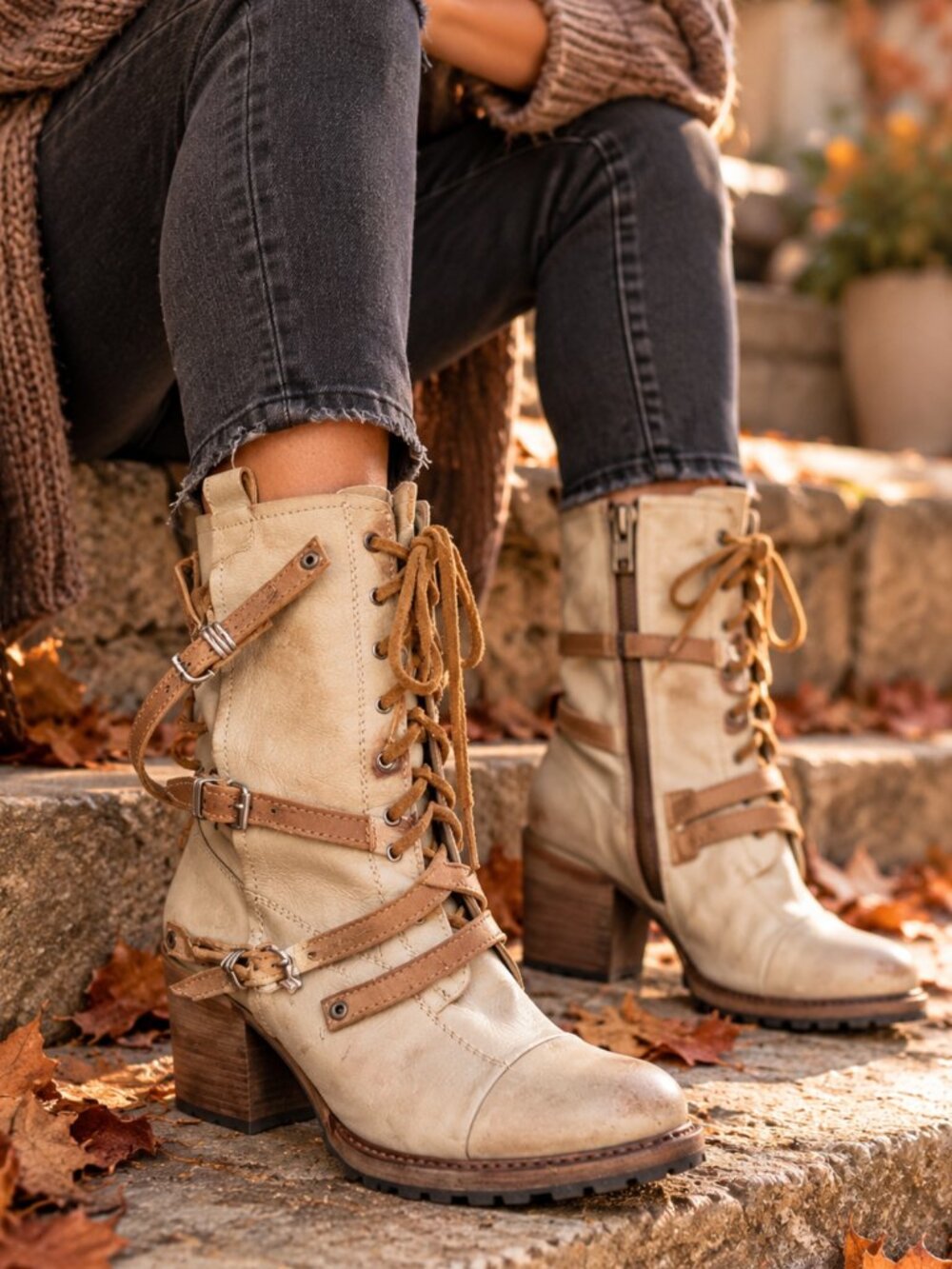 Freebird Cora Cream Leather Moto Boots In Ice Size 9 Buckle Lace Up